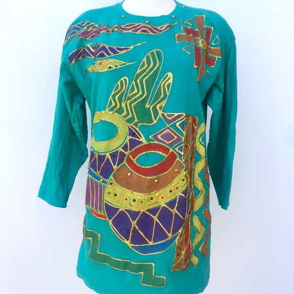 Vintage 80’s teal southwestern still life glitter puff paint novelty top shirt - Picture 2 of 9